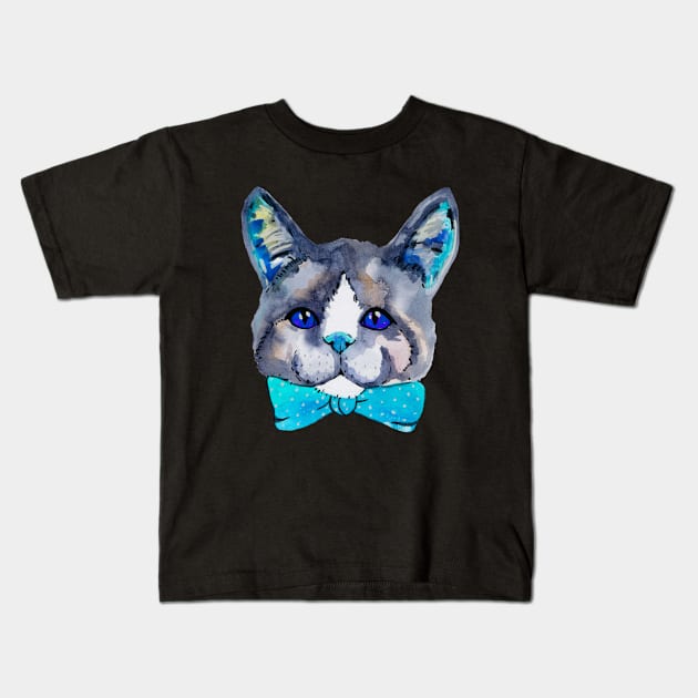 Blue watercolor cute kitty cat Kids T-Shirt by deadblackpony